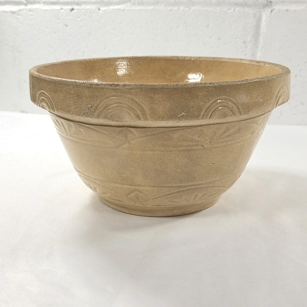 Antique Primitive Medium Milk Pan Bowl Yellow Ware Rustic Pottery Farmhouse 9